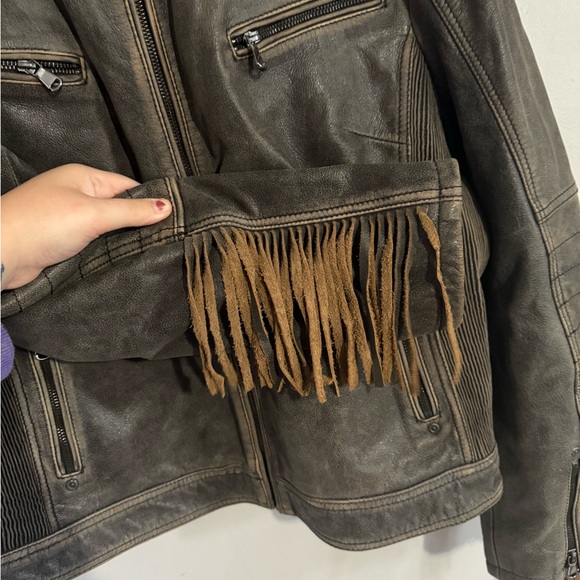 Black Rivet Brown Fringe Leather Jacket Size XXL - Picture 6 of 9